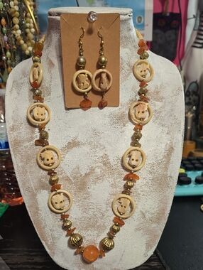Vintage Carved elephant and Orange stone necklace and earrings set